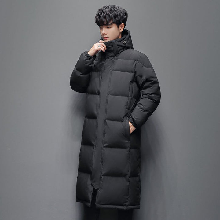 Long women's down coat, knee-length, padded, for winter