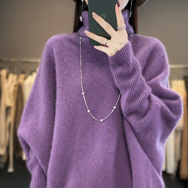 Women’s wool sweater, stand-up collar, loose fit