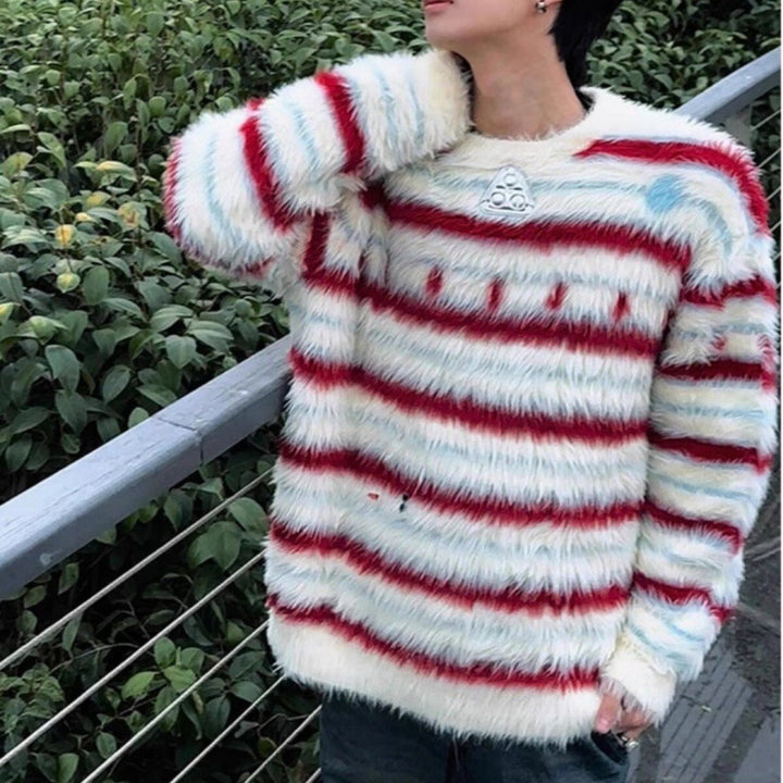 Padded knitted sweater with stripe pattern