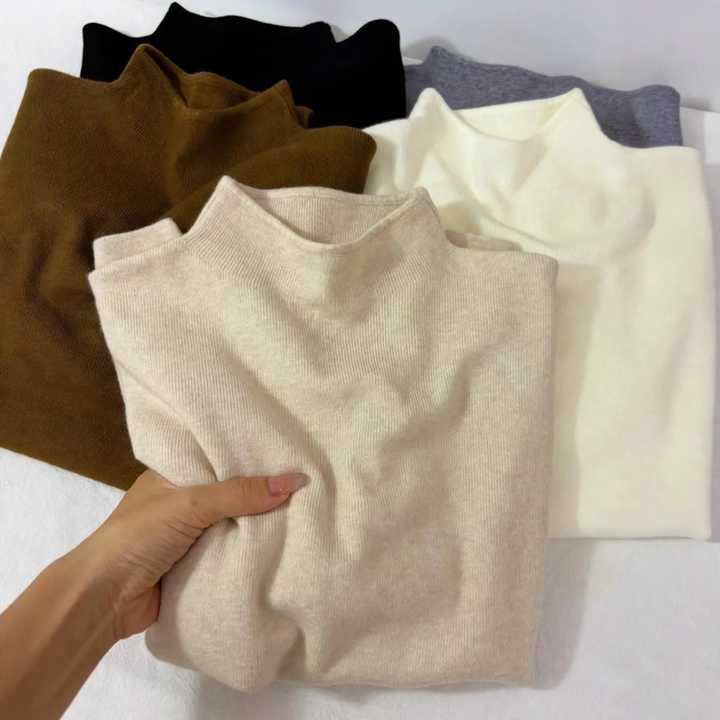 Women's knitted pullover with stand-up collar, ribbed