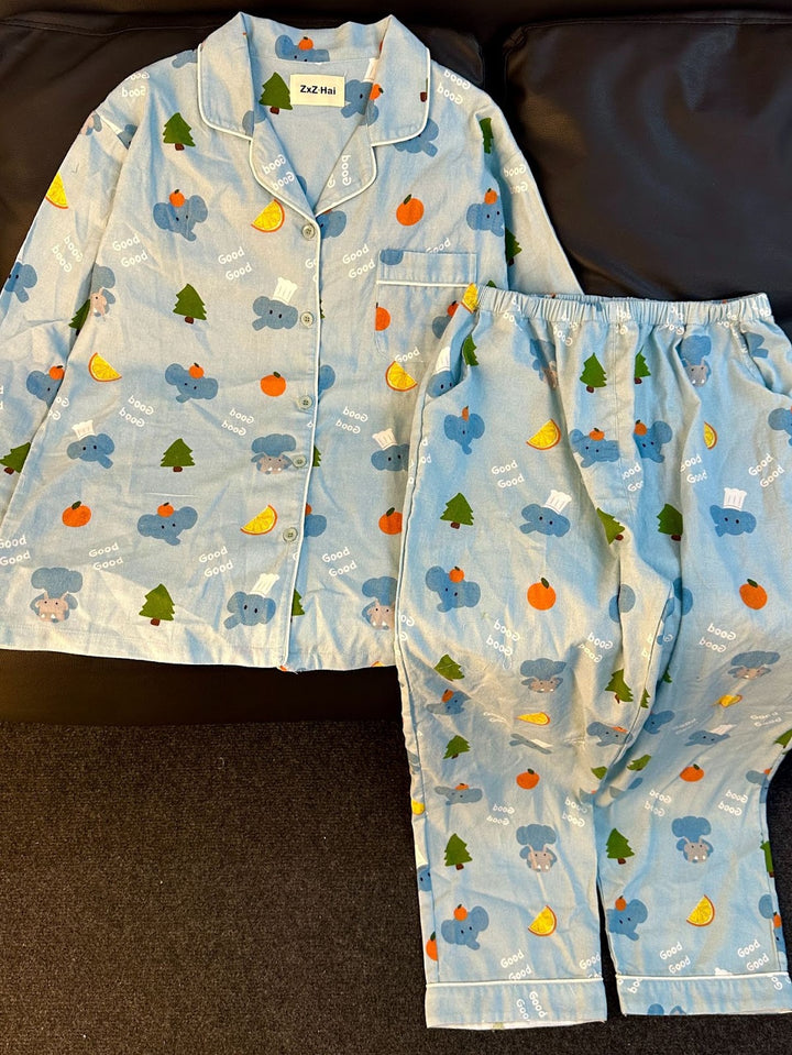 Cotton house suit, brushed, long, cartoon design