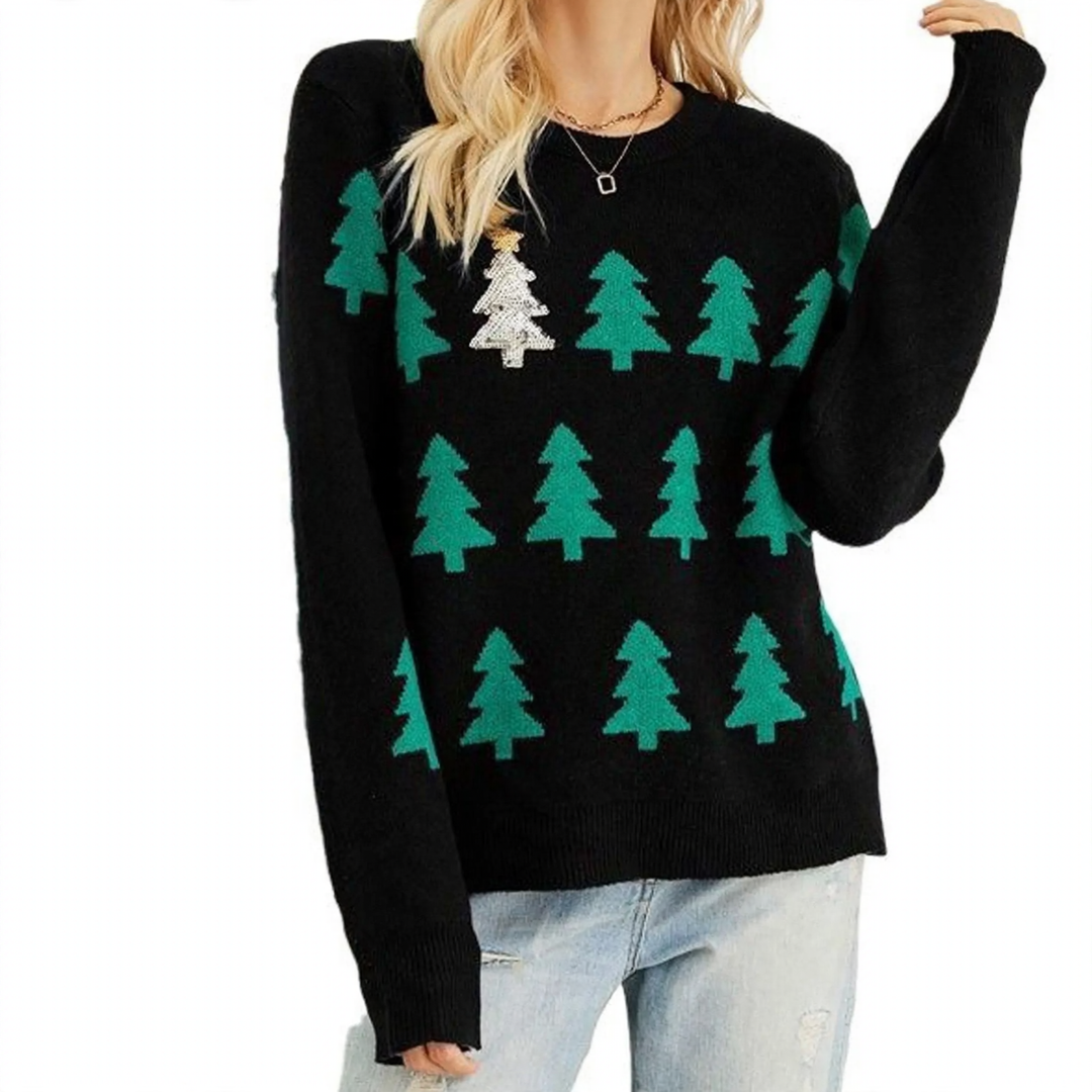 Festive knitted sweater with Christmas tree embroidery