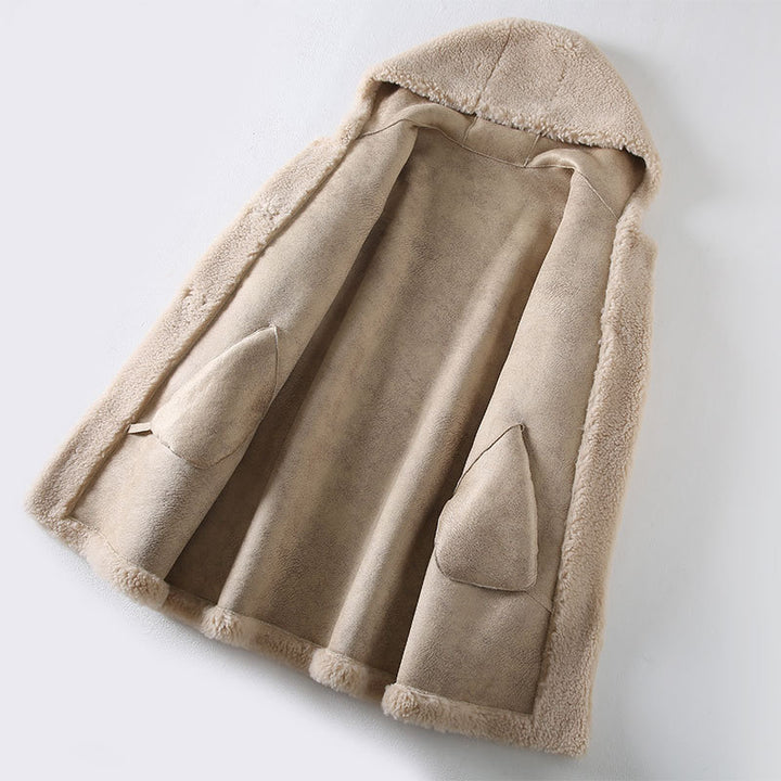 Women's sheepskin coat with hood, mid-length