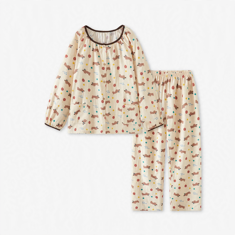 Cotton gauze pajama set for couples, long-sleeved