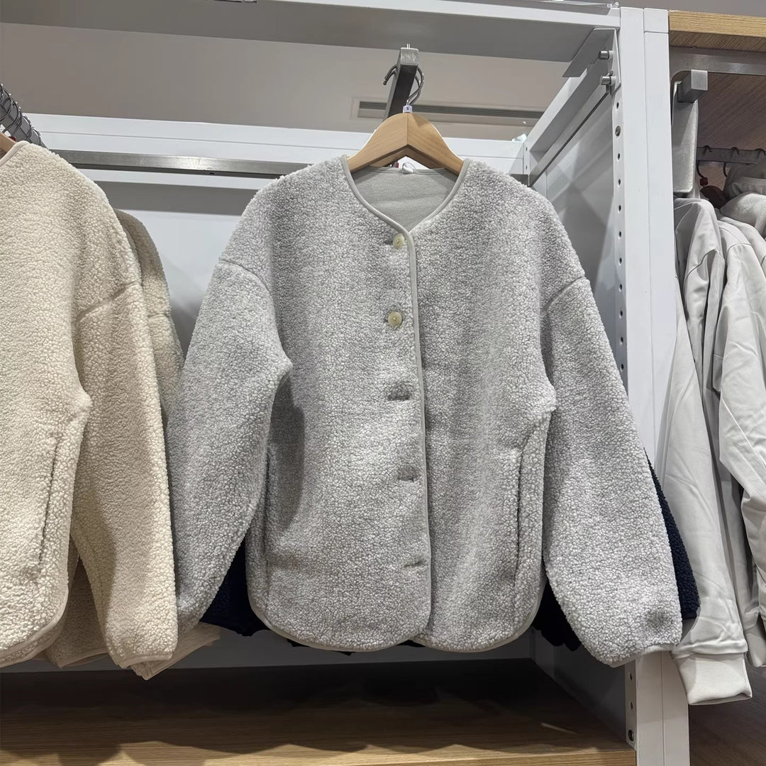 Casual fleece cardigan with lambskin look