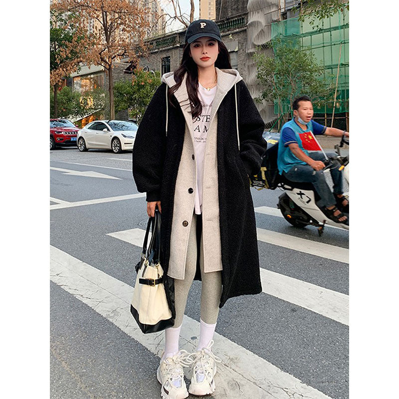 Lamb fleece coat, hood, combined design
