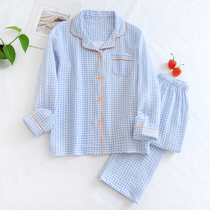 Cotton pajamas, checked, long-sleeved, for couples