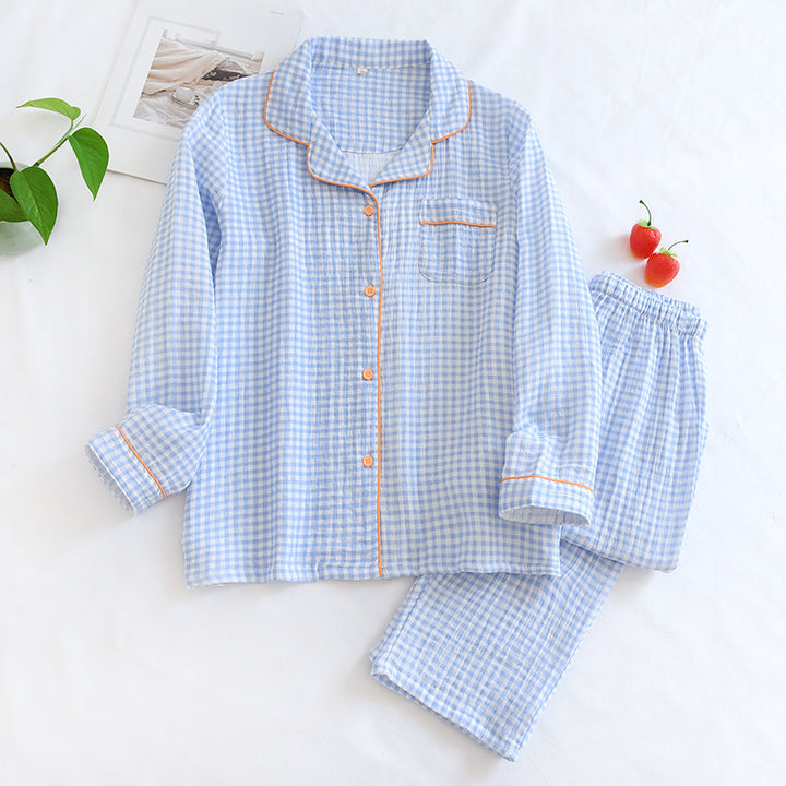 Cotton pajamas, checked, long-sleeved, for couples