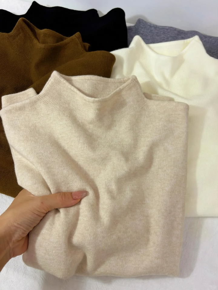 Women's knitted pullover with stand-up collar, versatile basic