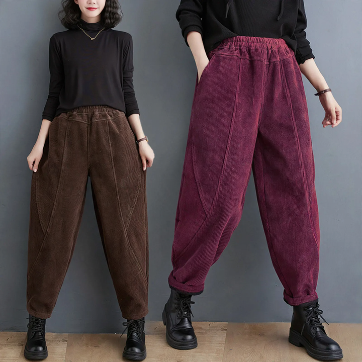 Padded corduroy carrot pants with elastic waistband