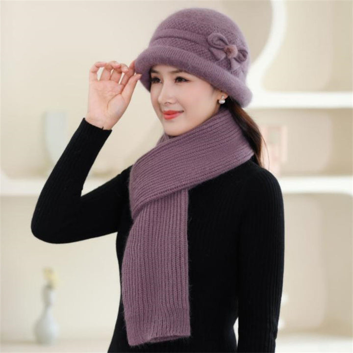 Knitted hat with scarf and gloves, women, winter