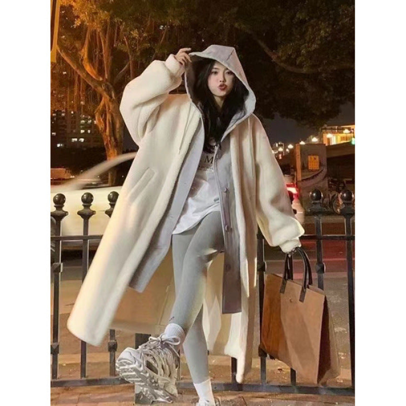 Lamb fleece imitation hooded jacket, mid-length, padded