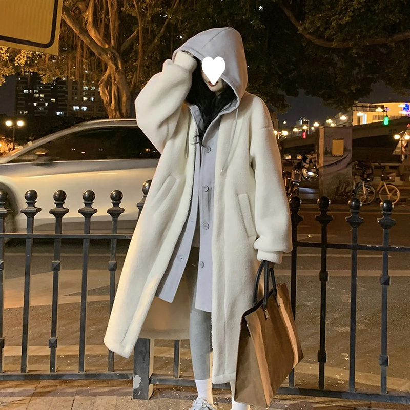 Lamb fleece hooded coat for women, long, loose fit