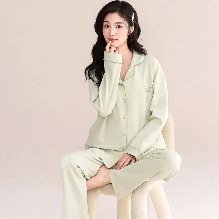 Pair-Pajama-Set, Cotton, Long Sleeve, with Chest Padding