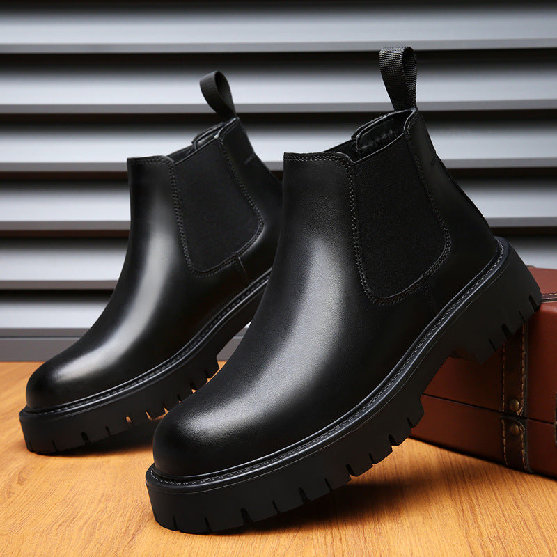 Men's Ankle Boots, Leather, Mid-High Heel, Round Design