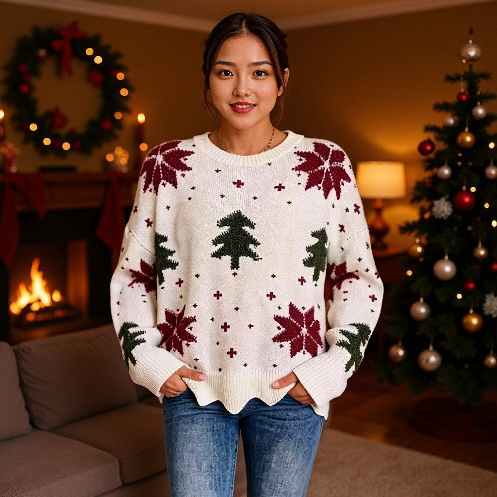 Unisex knit sweater with Christmas floral pattern
