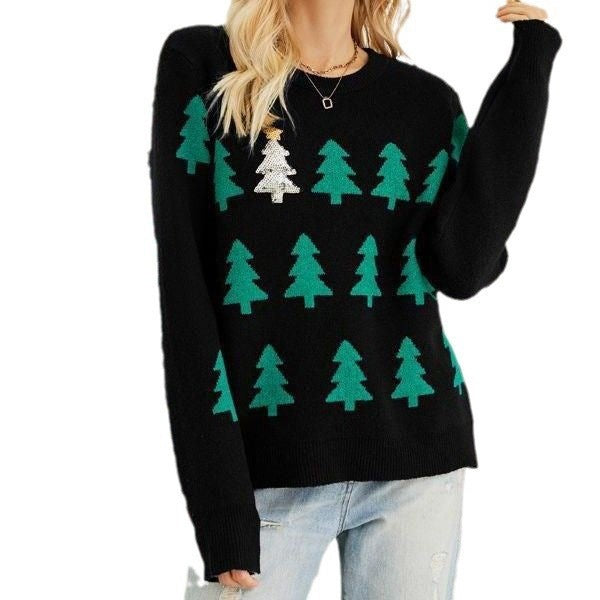 Festive knitted sweater with Christmas tree embroidery