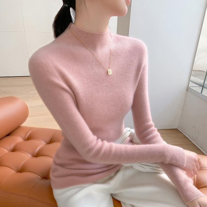 Women's cashmere sweater, stand-up collar, slim fit