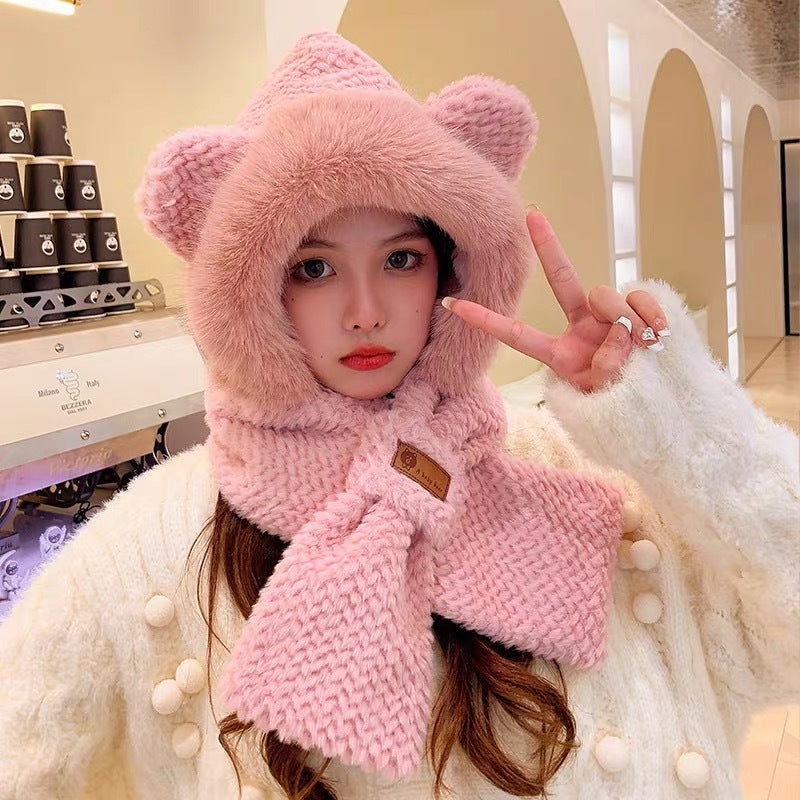 Fluffy Bear Set: Hat with Ear Protection and Scarf