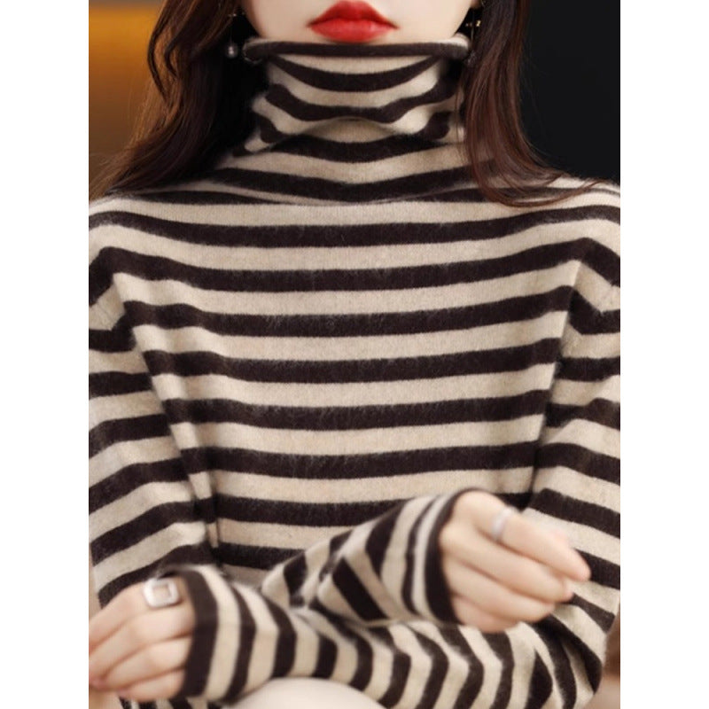Ladies' knitted sweater, striped, stand-up collar