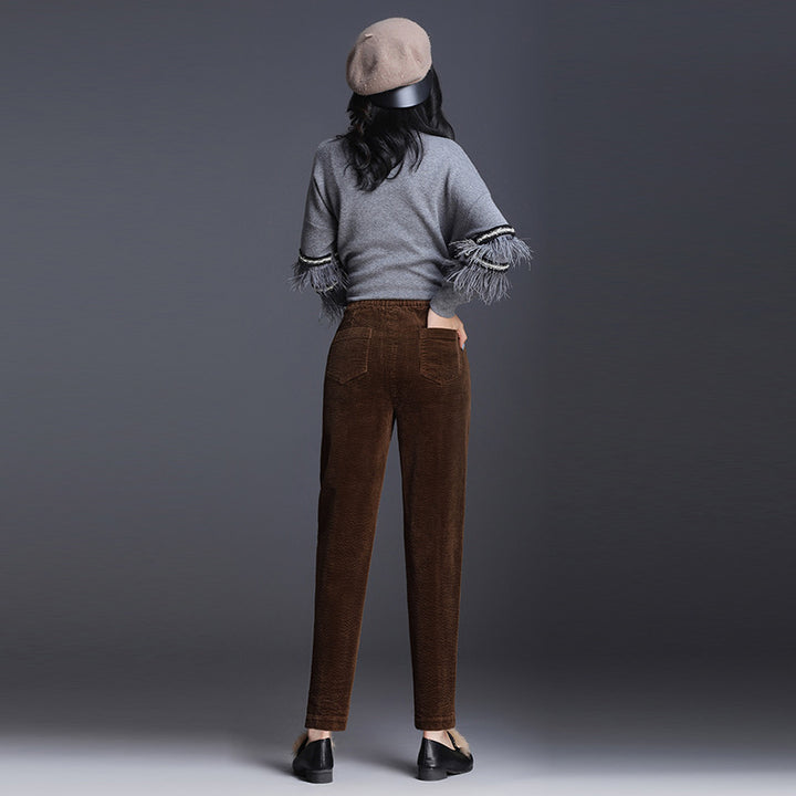Women's corduroy pants, shortened, high waistband