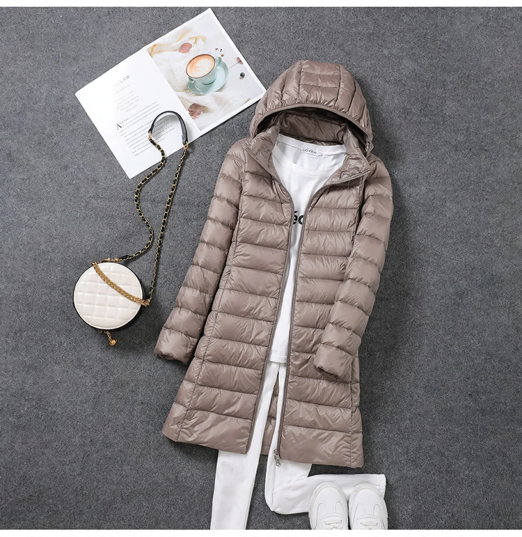 Women’s down coat, medium length, with removable hood