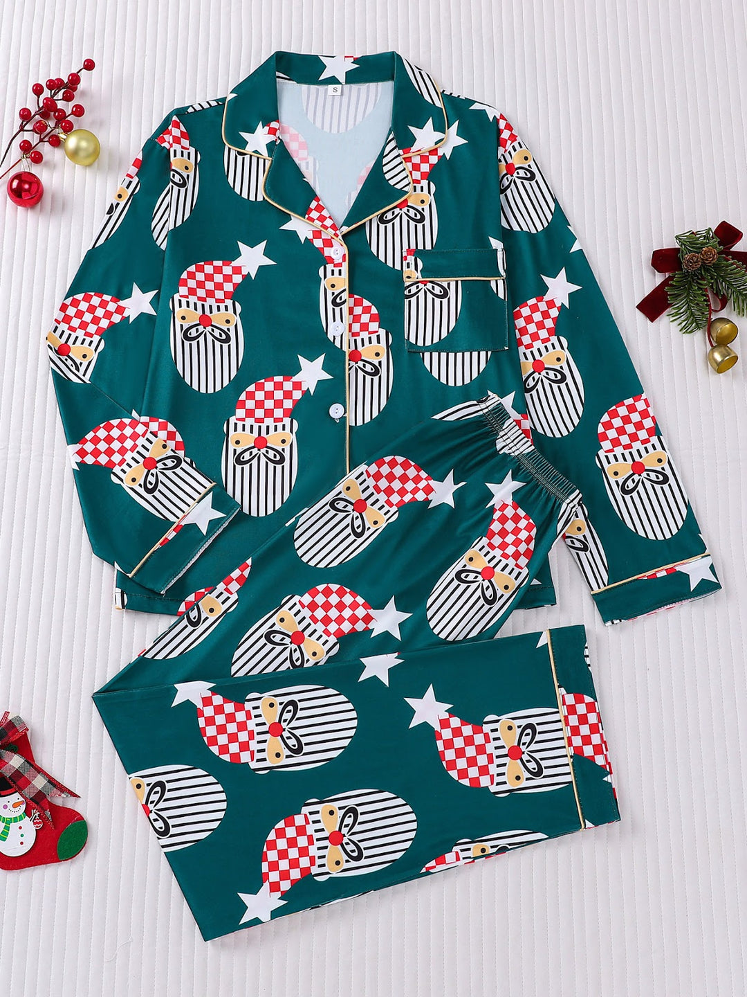 Women's Pajama Set, striped, Christmas tree print, notched collar