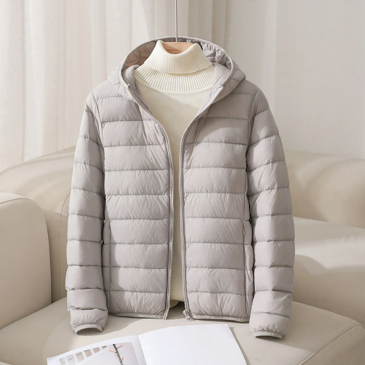 Light women's down jacket, short, with hood