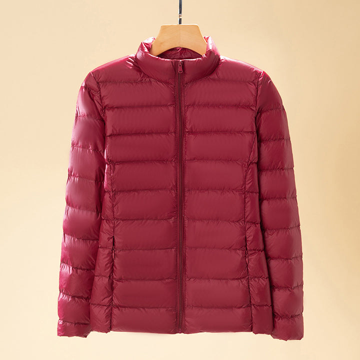 Short women's down jacket with stand-up collar
