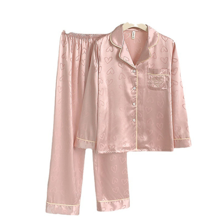 Women's Pajama Set, Ice Silk, Long Sleeve, Heart Pattern