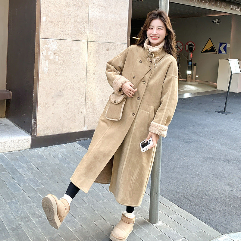 Lamb fleece coat, long, suede look