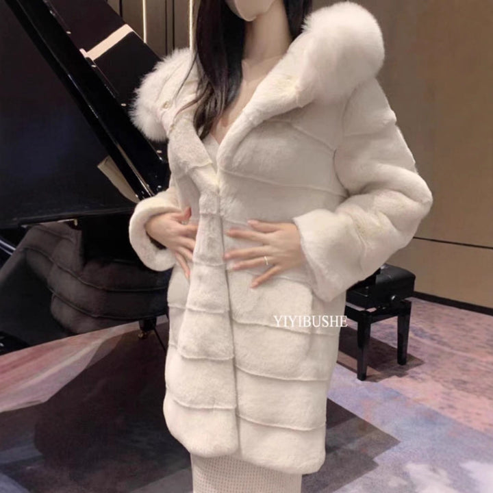 Long women's faux fur coat with hood and fur collar