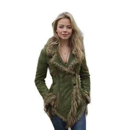 Women's suede imitation jacket with fur collar and lapels