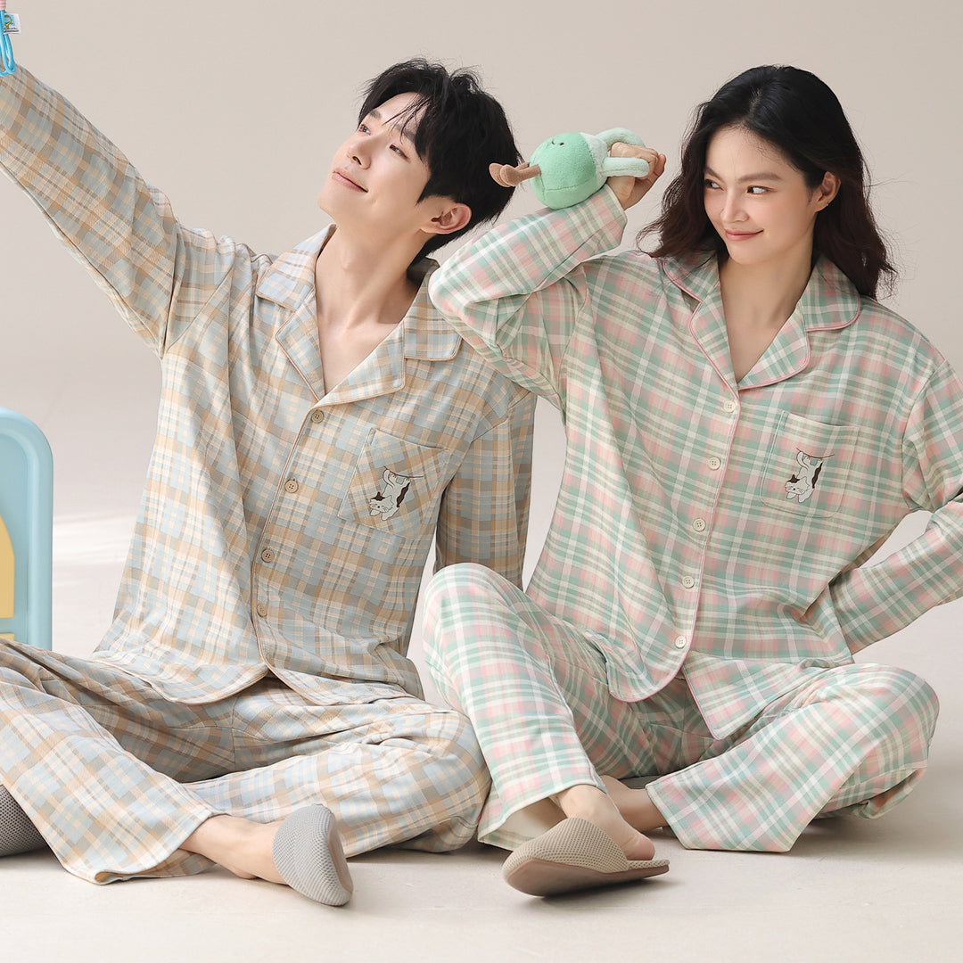 Cotton pajama set with shawl collar, long-sleeved