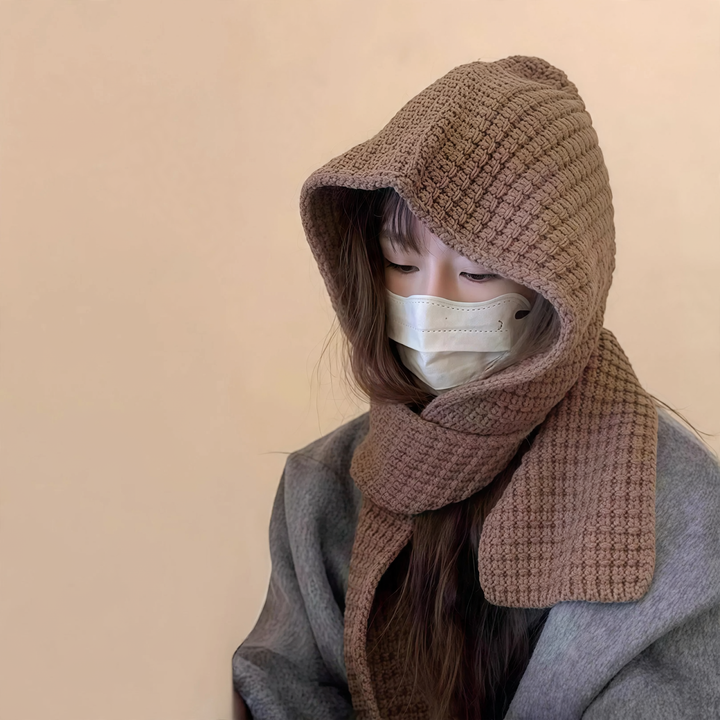 Knit hat with scarf, solid color, warm, 2-in-1 set