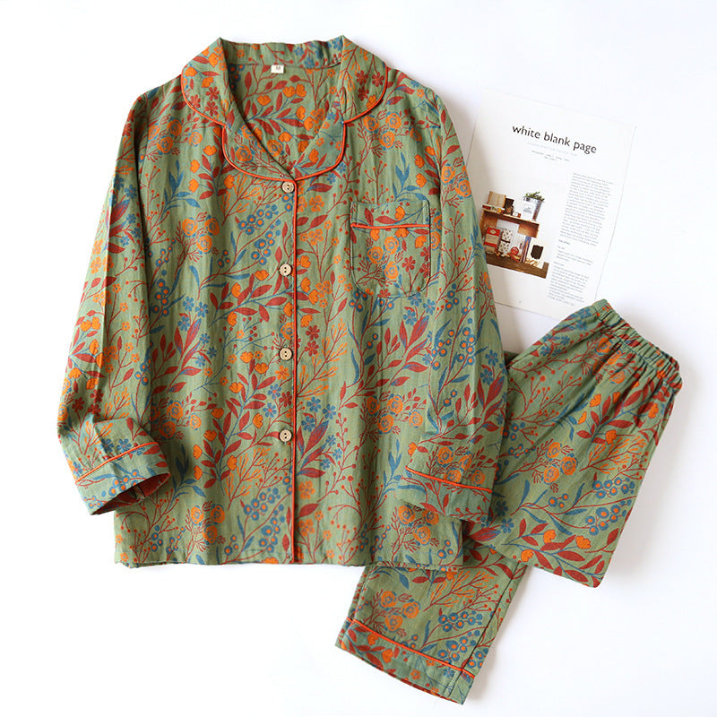 Women's loungewear suit, cotton, long-sleeved, with button placket