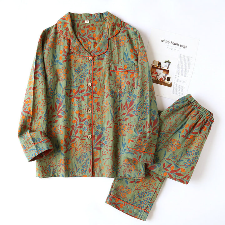 Women's loungewear suit, cotton, long-sleeved, with button placket