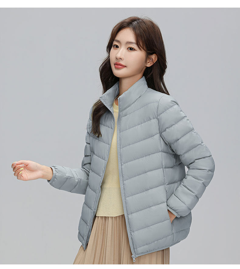 Light down jacket for women, stand-up collar, white, duck down