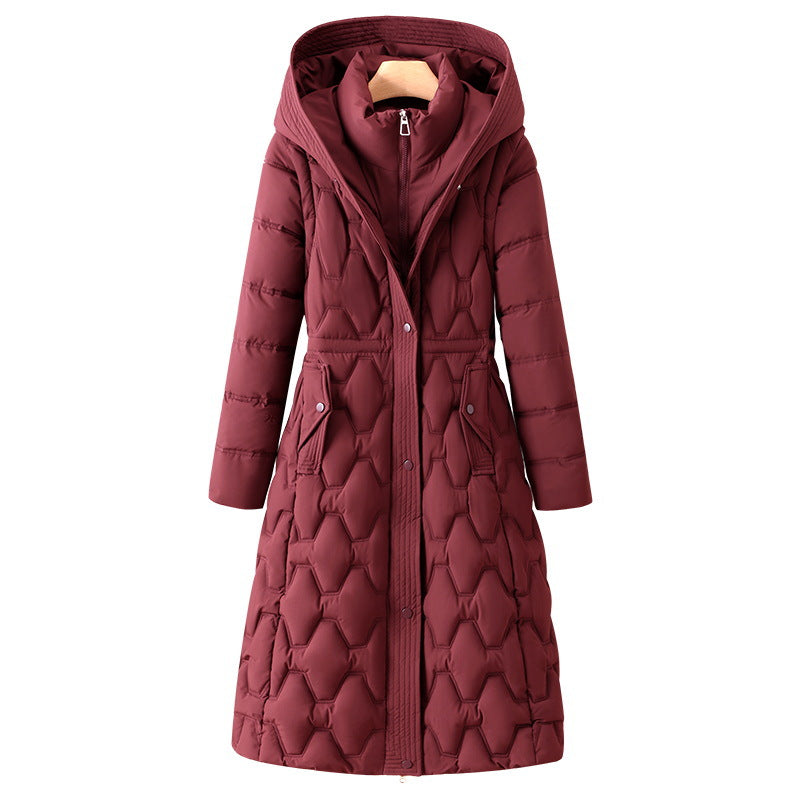 Long women's winter coat with waistline and removable parts