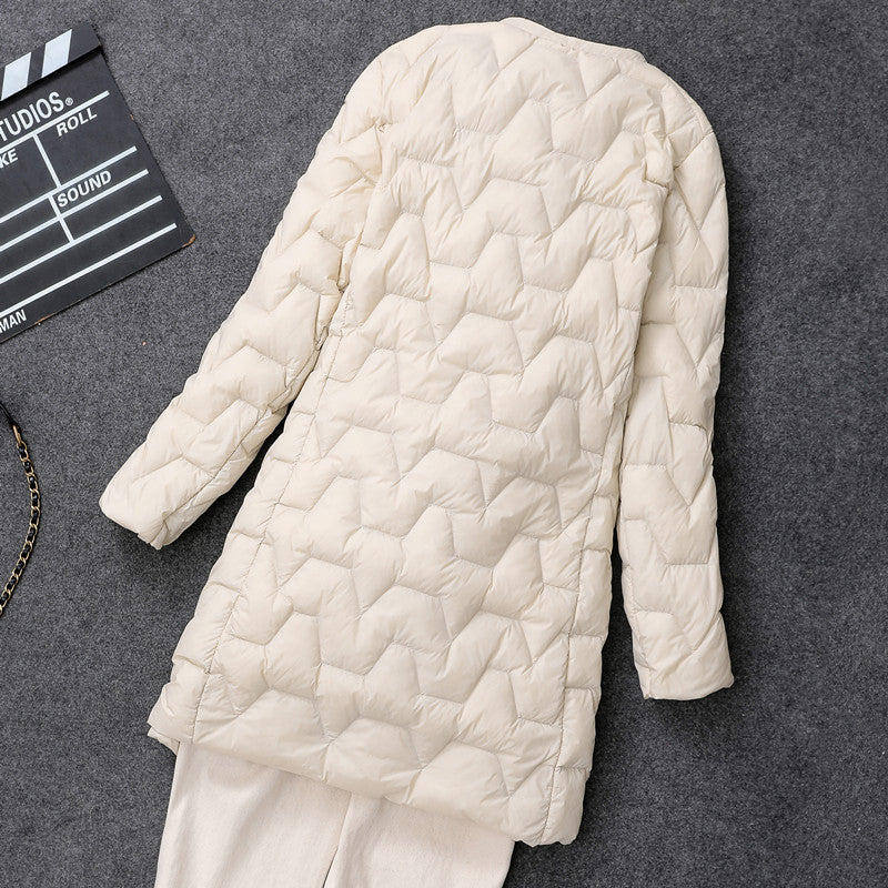 Lightweight, mid-length down jacket, collarless