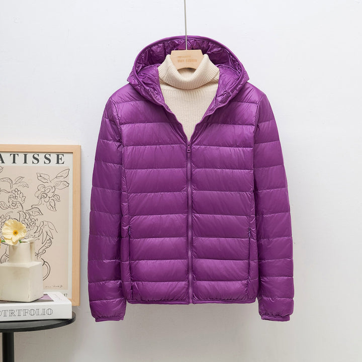 Light women's down jacket, hood, short fit