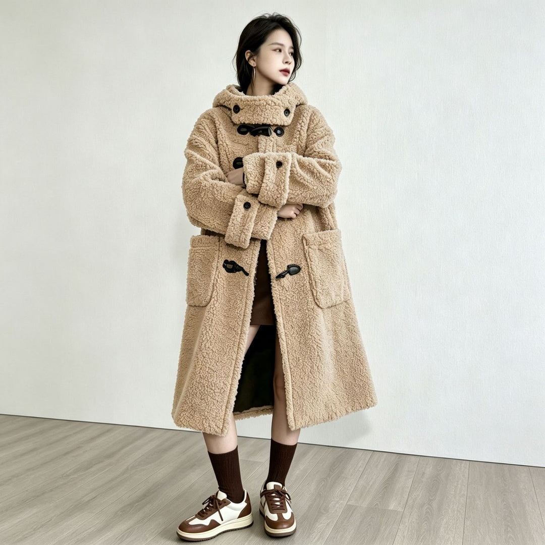 Long lamb fleece imitation coat with hood