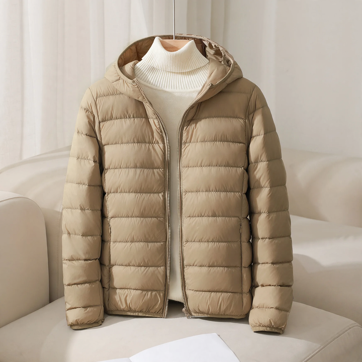 Light women's down jacket, short, with hood