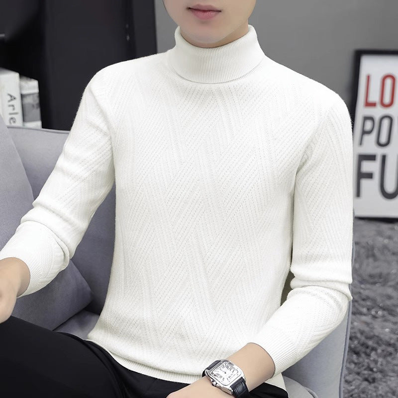 Men's knit pullover with cable pattern and turtleneck