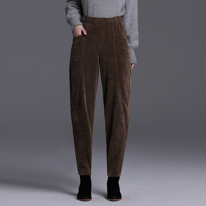 Women’s corduroy trousers, padded, high waist, carrot cut