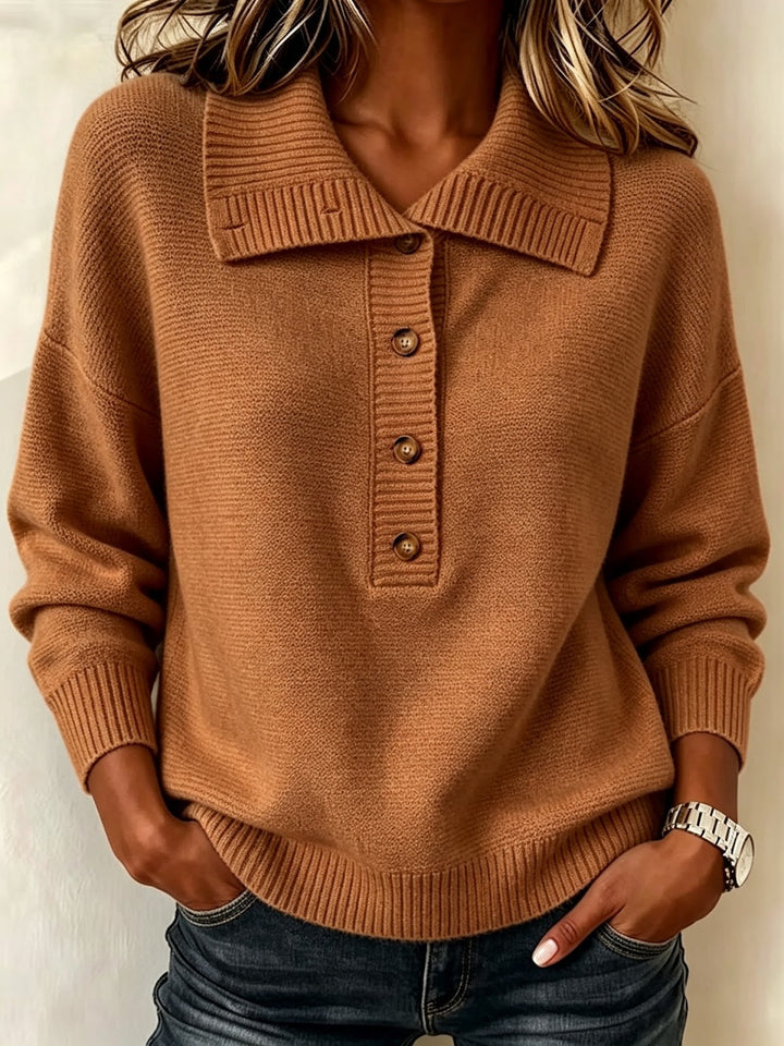 Women's knit sweater with button placket and stand-up collar