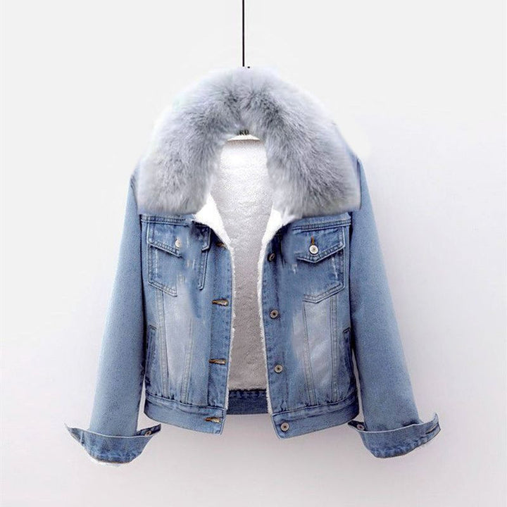 Padded denim jacket for women, short, with faux fur collar