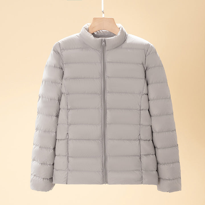Short women's down jacket with stand-up collar