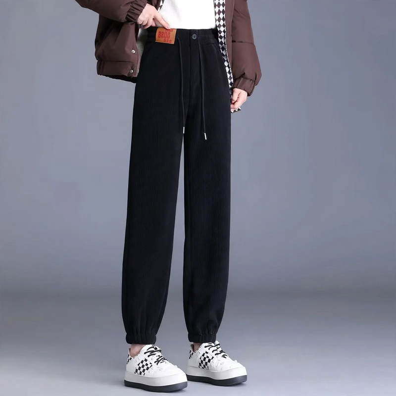 Padded corduroy harem pants with a high waistband