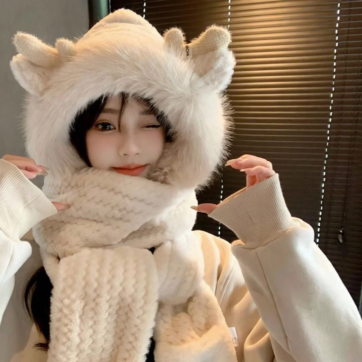 Women's Winter Set: Plush Hooded Hat with Scarf and Gloves